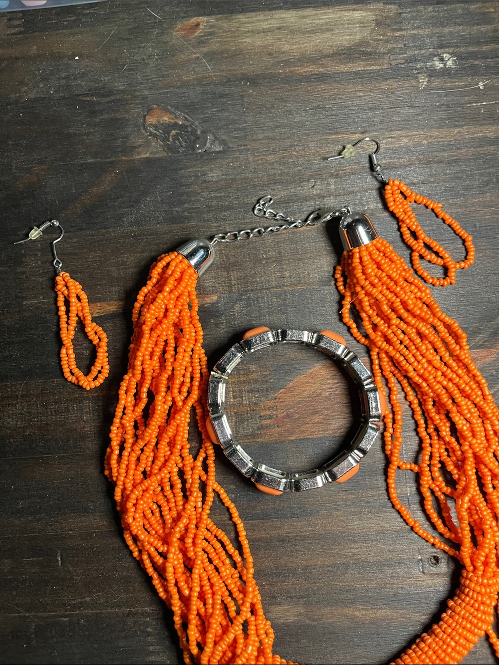 Orange Beaded Multi-Strand Necklace with Matching Earrings and Bracelet - Picture 2 of 3